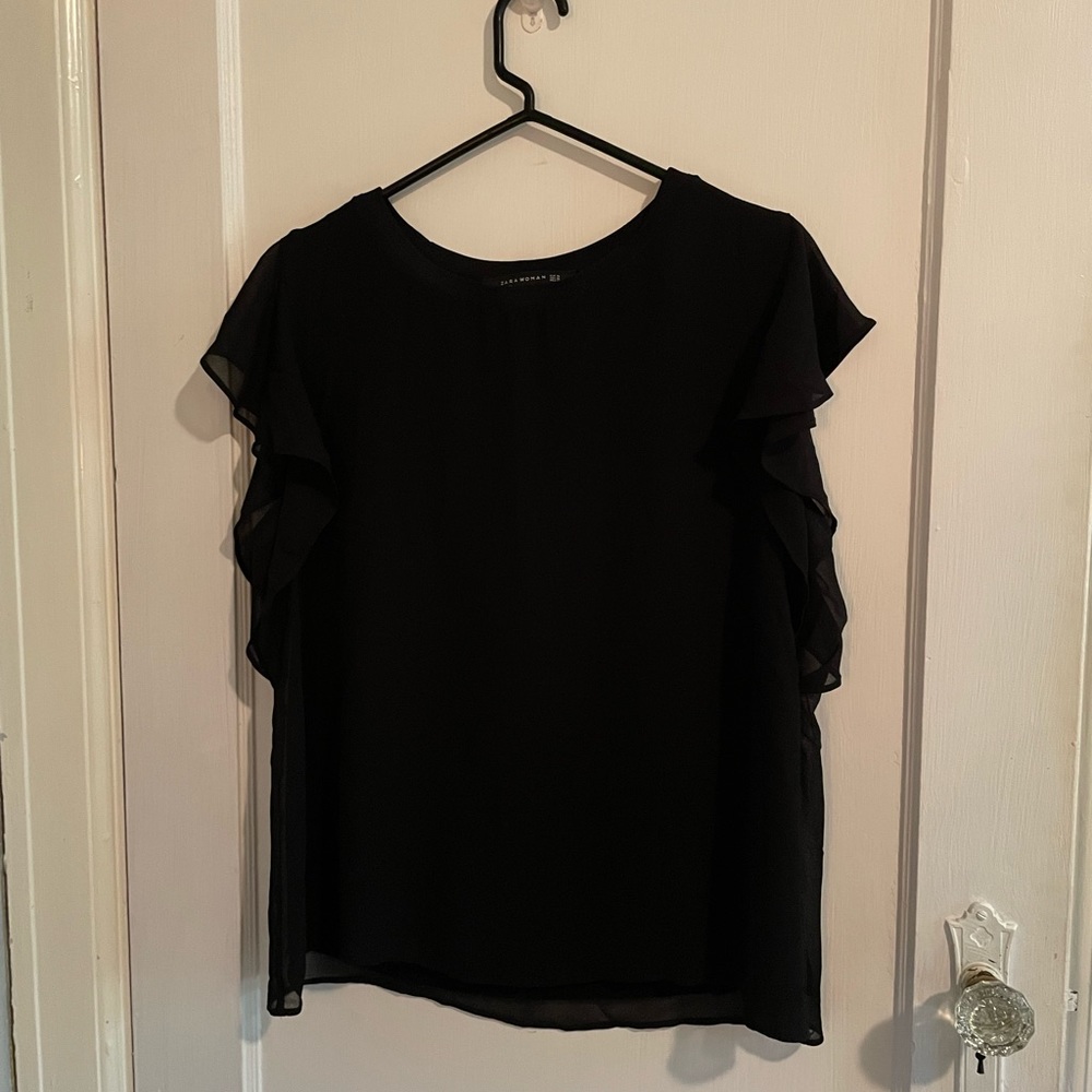 Zara Woman Flutter Sleeve Black Crepe Blouse Size XL